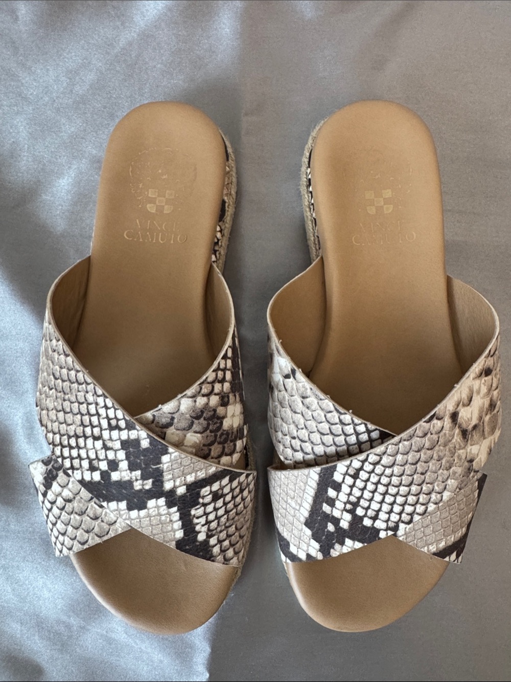 Vince Camuto Neutral Snake-Print Cross-Band Slide Sandals